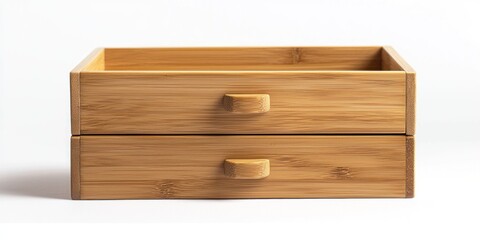 A small, square bamboo drawer organizer sits on a white surface. It features two drawers with wooden handles. The drawer organizer is made of light-colored bamboo