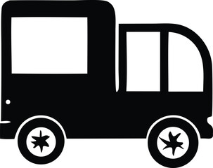 Simple black silhouette of a cartoon truck with wheels and windows suitable for various design projects