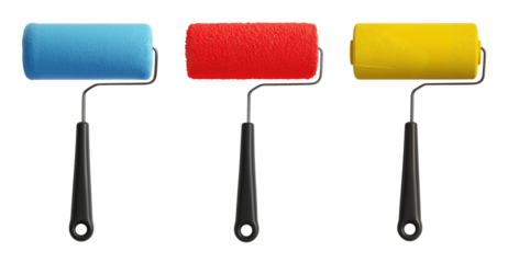 Three paint rollers with black plastic handle, blue, red and yellow colors, isolated on a transparent background