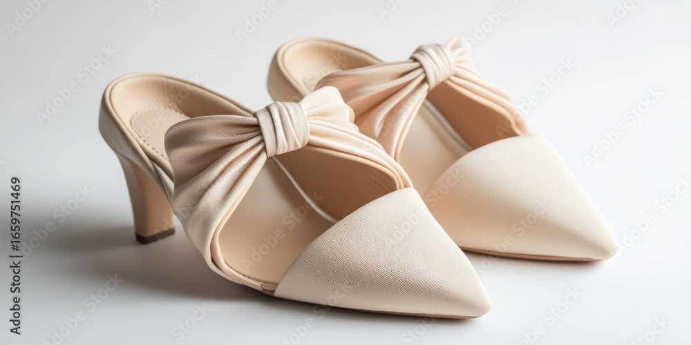 Poster a pair of nude-colored mules sits on a white surface. the shoes have a pointed toe and a low block h