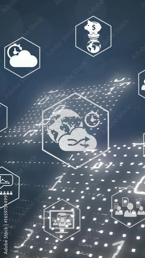 Aufkleber animation of binary coding, network of connections with icons and cloud on blue background