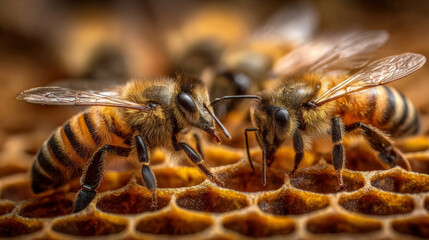 Bees working together on honeycomb in an apiary during a sunny afternoon in late spring Generative AI