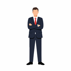 Obraz premium A confident 2D flat vector illustration portrays a professional businessman standing with folded arms in a direct front-facing portrait, isolated on a clean white background.