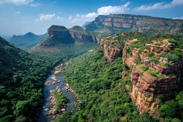 High Angle View Of River Valley Between Mountains With Lush Forest