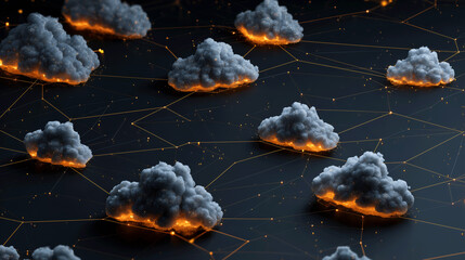 Obraz premium Digital representation of clouds surrounded by glowing connections in a dark atmosphere highlighting technology and creativity Generative AI