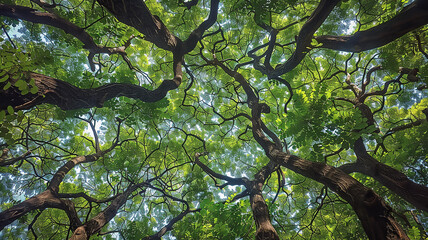 A view from below, showing intertwined tree branches.