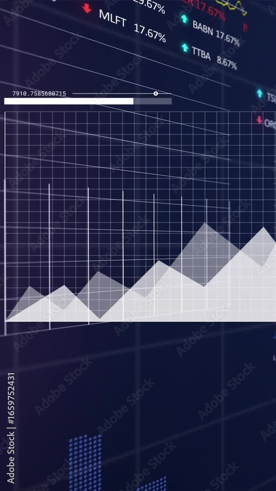 Poster animation of statistical and stock market data processing against blue background
