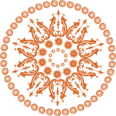 The orange circle is made of stylized vector plants in the style of ancient Russian patterns.