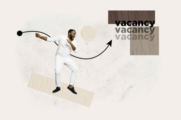 Full image sketch 3d collage poster of happy employee girl guy stand arrow vacancy hiring interface...