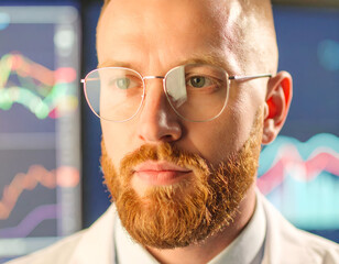Business Scientist Analyzing Holographic Data in Labyrinthine Display