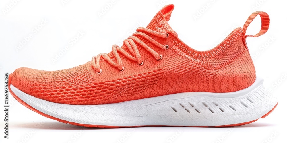 Poster a close-up side view of a vibrant orange running shoe resting on a white surface. the shoe features 