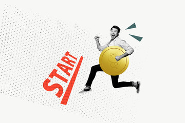 Full 3d poster art collage of happy businessman run start line development career progress carry dollar coin success profit