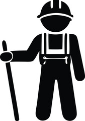 Iconic silhouette of a construction worker in hard hat holding a tool ready for manual labor and industry tasks