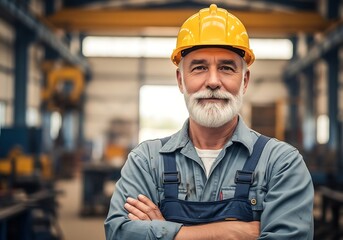 Experienced construction worker with a warm smile and crossed arms at a manufacturing facility