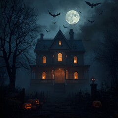 Fototapeta premium Spooky Halloween Haunted House at Night with Bats and Fog, Jack-o’-Lanterns, Dark Fantasy Scene