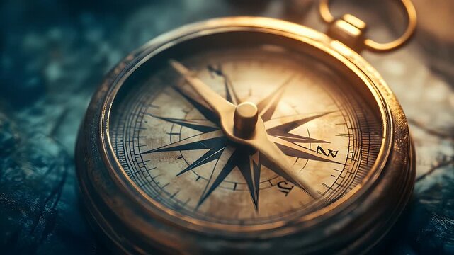 Antique compass resting on rocky surface, illuminated by soft light