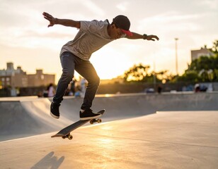 Teenager in mid-air performing a skateboarding trick at a concrete skate park during a golden sunset.