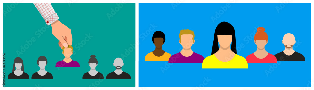 Poster hand picking a man from a group of different people in a recruitment process. job selection and hiri