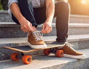 Obraz premium A skateboarder sits on concrete stairs, tying his shoe laces with a skateboard resting in front of him.