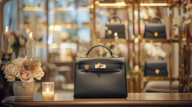 An elegant black handbag is the focal point of a luxury boutique, complemented by flowers and a candle, bathed in warm, inviting light, hinting at exclusivity.