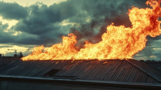 A large blaze engulfs the rooftop of a building, with bright orange flames