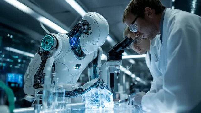 Futuristic lab scene with robot and scientists