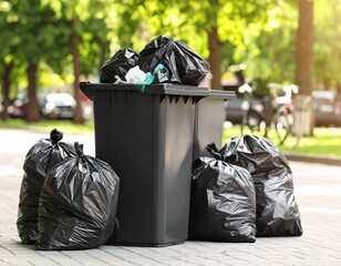 Two full garbage bins and several overflowing trash bags are left on the sidewalk in a public area.