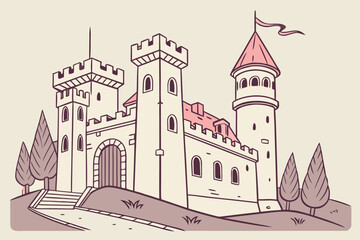 Illustration of a stone castle with towers, gates, and flag on top