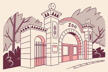 Illustration of the zoo entrance with trees and bushes around it