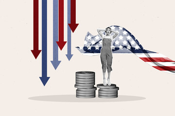 Full 3d artwork trend collage of shocked businesswoman jump dollar coin america inflation arrow...