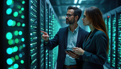 support specialist assists user in data center, checks information tech environ. Technician points to server racks, looks at equipment. Data analysis, management, monitoring, virtual infrastructure