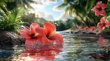 Red Hibiscus Flowers by Tropical Stream