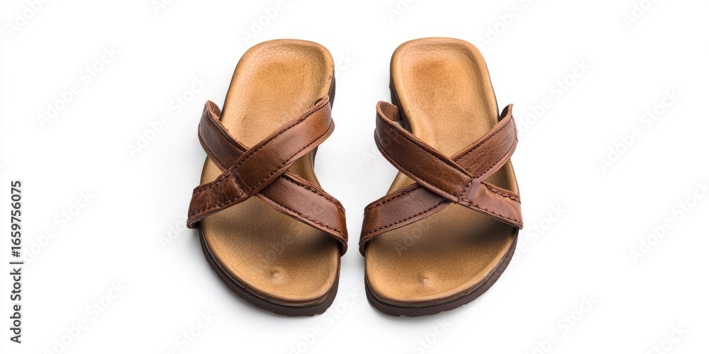 Poster a pair of brown leather sandals rests on a light beige surface. the sandals feature a distinctive cr