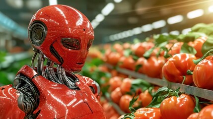 Red Robot Among Tomatoes in a Bright Grocery Store