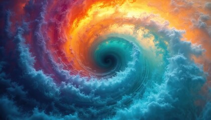 Vibrant swirling clouds in mesmerizing storm pattern. Intense colors like blue, orange, red, purple create dynamic, high-contrast visual effect. Atmospheric phenomenon resembles powerful cyclone,