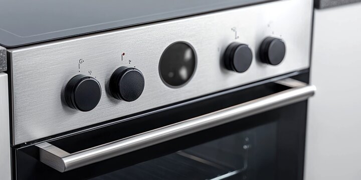 A close-up shot of a stainless steel range oven with four burners and a built-in oven. The oven features black knobs for controlling the burners and a circular digital display. 