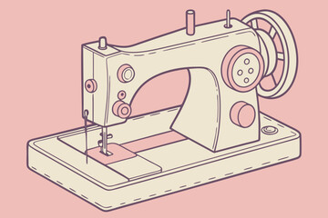 Vintage sewing machine for tailor and fashion design, line art illustration