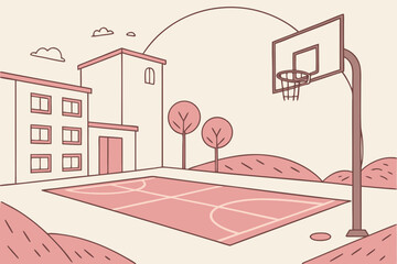 Basketball court with building and trees in pink and beige colors