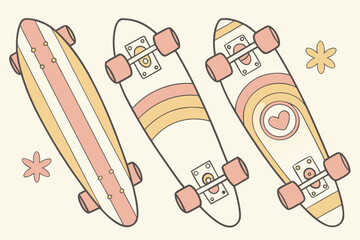 Three skateboards with different designs and colors on a beige background