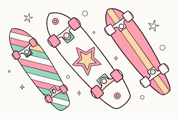 Three skateboards with different designs and colors