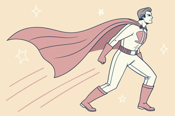 Illustration of a superhero with a cape flying through the air with stars