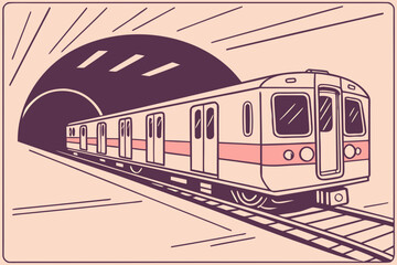 Illustration of a subway train entering a tunnel on a light background