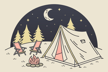 Illustration of a camping site with tent, campfire, and chairs at night