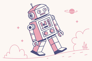 Illustration of a robot walking in a spacethemed landscape with planets