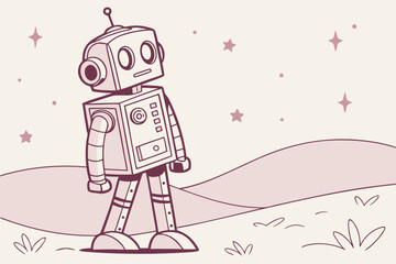 Cute cartoon robot standing on a hill under the starry sky
