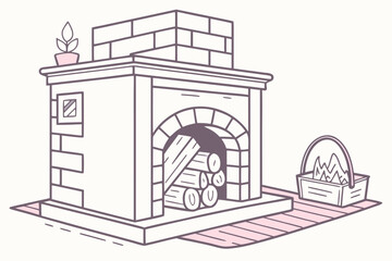 Cozy fireplace with wood and a plant