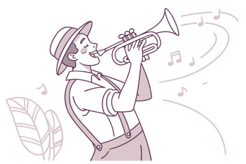 Man playing the trumpet with musical notes and vintage style illustration