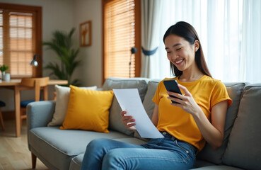Obraz premium Asian woman happily pays bills using mobile phone at home. She sits on sofa, checks document and smiles while using app for online banking and commerce. Digital lifestyle and fintech concept.