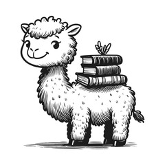 Cartoon llama carrying book stack with sprouting plant in monochrome sketch style, vector