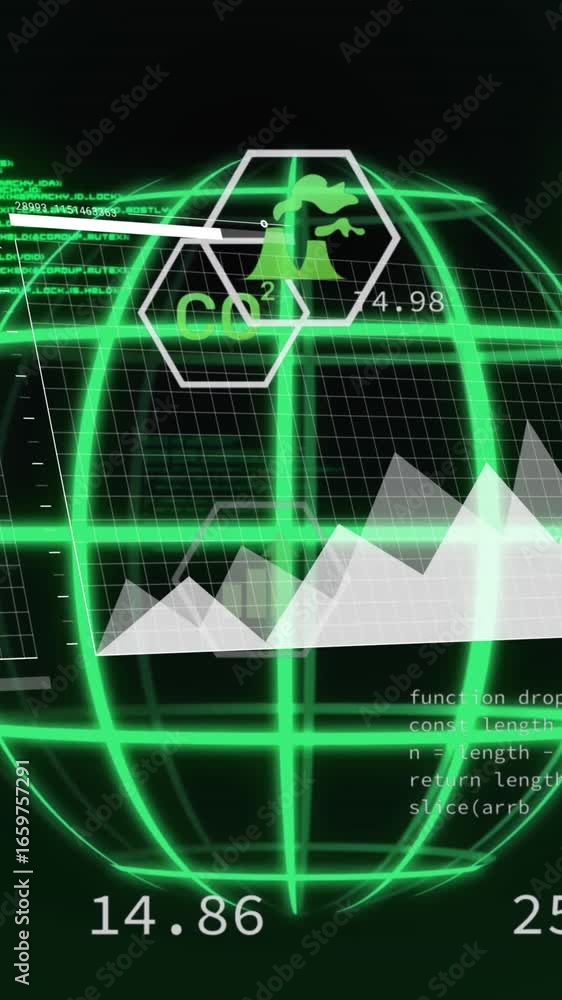 Poster animation of grid pattern globe, graphs, icons, computer language over abstract background